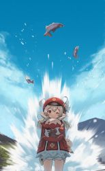 Rule 34 | 1girl, ;), ahoge, backlighting, backpack, bag, bag charm, bloomers, blue sky, blurry, brown gloves, cabbie hat, carrying, charm (object), child, cloud, cloudy sky, clover print, coat, commentary request, depth of field, dodoco (genshin impact), explosion, fish, genshin impact, gloves, hair between eyes, hat, hat feather, hat ornament, highres, hopepe, hugging doll, hugging object, jumpy dumpty, klee (genshin impact), light brown hair, long hair, long sleeves, looking at viewer, low twintails, mountainous horizon, one eye closed, pocket, pointy ears, randoseru, red coat, red eyes, red hat, sidelocks, sky, smile, solo, twintails, underwear