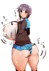 Rule 34 | alternate breast size, ass, ass expansion, blush, breast expansion, breasts, brown eyes, gigantic breasts, huge ass, nagato yuki, panties, plump, purple hair, striped clothes, striped panties, suzumiya haruhi no yuuutsu, teruwo, thick thighs, thighs, translation request, underwear