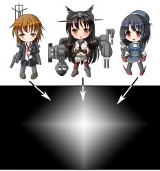 Rule 34 | 10s, 3girls, :o, arrow (symbol), beret, black hair, black legwear, blush, boots, breasts, brown eyes, brown hair, cannon, chibi, ascot, dress shirt, flats, frown, full body, hair ornament, hands on own hips, hat, headgear, kantai collection, loafers, long hair, long sleeves, looking at viewer, multiple girls, nagato (kancolle), necktie, open mouth, pleated skirt, red eyes, riku (rikkuru), shirt, shoes, short hair, skirt, smile, standing, takao (kancolle), tareme, thighhighs, wakaba (kancolle), white background
