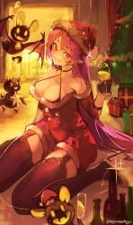 Rule 34 | 1girl, bat (animal), bell, bottle, breasts, christmas, christmas dress, christmas tree, cup, detached sleeves, dress, drinking glass, fangs, fireplace, fur-trimmed dress, fur-trimmed sleeves, fur trim, garter straps, hat, highres, holding, holding cup, long hair, nagasawa tougo, neck bell, original, pointy ears, red eyes, santa hat, sitting, smile, solo, thighhighs, toenails, twitter username, very long hair, wariza, wine bottle, wine glass