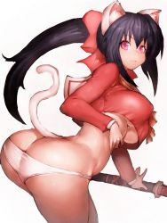 Rule 34 | 1girl, :3, animal ears, ass, black hair, breasts, butt crack, cat ears, cat girl, cat tail, covered erect nipples, fang, female focus, fumio (rsqkr), huge ass, katana, large breasts, leaning forward, light smile, long hair, looking at viewer, noihara himari, omamori himari, panties, pink eyes, ponytail, simple background, slit pupils, smile, solo, sword, tail, thick thighs, thighs, underboob, underwear, weapon, white background, white panties
