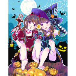 Rule 34 | 2girls, barefoot, bat (animal), blush, brown eyes, brown hair, feet, full moon, halloween, hat, jack-o&#039;-lantern, long hair, looking at viewer, moon, multiple girls, open mouth, polearm, soles, toes, trident, weapon, witch, witch hat