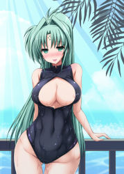 Rule 34 | 00s, 1girl, breasts, cleavage, facial mark, female focus, forehead mark, front zipper swimsuit, gradient background, green eyes, green hair, large breasts, lindy harlaown, long hair, lyrical nanoha, mahou shoujo lyrical nanoha, matching hair/eyes, mature female, meme attire, one-piece swimsuit, shiwo, solo, striped, striped background, swimsuit, wet