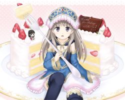 Rule 34 | 1girl, atelier (series), atelier meruru, blush, boots, brown hair, cake, capelet, character doll, character request, detached sleeves, food, fork, frilled hat, frills, fruit, gold trim, happy birthday, hat, holding, holding fork, long hair, long sleeves, looking at viewer, mini person, minigirl, neck ribbon, off-shoulder shirt, off shoulder, on plate, open mouth, plate, puchi kurage, purple eyes, ribbon, shirt, sitting, skirt, smile, strawberry, strawberry shortcake, thigh boots, totooria helmold