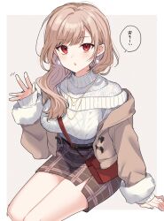 Rule 34 | 1girl, :o, bag, belt, blonde hair, blush, border, breasts, brown jacket, commentary request, cropped legs, earrings, furen e lustario, grey background, hair over shoulder, hand up, handbag, highres, jacket, jewelry, large breasts, long hair, long sleeves, looking at viewer, miniskirt, nijisanji, open mouth, outside border, plaid, plaid skirt, red eyes, shirt tucked in, simple background, sitting, skirt, sleeves past wrists, solo, speech bubble, sweater, thighs, tooru (jux), translated, turtleneck, turtleneck sweater, virtual youtuber, waving, white border