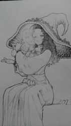 Rule 34 | 1girl, blush, collarbone, commentary request, cracked skin, dated, dress, ekrea jan, elden ring, extra faces, graphite (medium), highres, large hat, long hair, long sleeves, looking at viewer, monochrome, one eye closed, open mouth, rabbit shadow puppet, ranni the witch, scan, sitting, solo, traditional media, wavy hair, wide sleeves