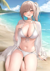 Rule 34 | 1girl, bikini, black choker, blurry, blurry background, blush, breasts, brown eyes, brown hair, choker, cleavage, collarbone, commentary request, hair ornament, hair ribbon, highres, jewelry, large breasts, long hair, looking at viewer, monaka curl, navel, necklace, original, outdoors, parted lips, ribbon, see-through, side ponytail, smile, solo, stomach, swimsuit, thighs, water, white bikini, white ribbon