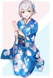 Rule 34 | 1girl, ahoge, blue background, blue kimono, braid, breasts, checkered background, eyelashes, floral print, flower, furisode, green eyes, hair flower, hair ornament, highres, holding, holding paper, hololive, japanese clothes, kimono, kokechan, large breasts, looking at viewer, new year, obi, official alternate costume, omikuji, open mouth, paper, pink background, sash, seiza, shirogane noel, shirogane noel (new year), short hair, side braid, silver hair, sitting, smile, solo, two-tone background, virtual youtuber, yagasuri