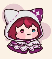 Rule 34 | 1girl, :3, animal hood, blue eyes, blush stickers, capelet, chibi, commentary, english commentary, heart, heterochromia, hololive, hololive english, hood, hood up, irys (hololive), lienliensn, purple eyes, red hair, short hair, smile, solo, virtual youtuber