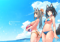 Rule 34 | 2girls, :&lt;, :3, :d, animal ears, arukiru, ass, ball, beachball, bikini, black hair, blue bikini, blue eyes, blue sky, bow, breasts, brown hair, cat ears, cat tail, cowboy shot, day, hair bow, highres, large breasts, long hair, looking at viewer, medium breasts, multiple girls, navel, open mouth, orange bikini, original, outdoors, outstretched hand, parted lips, ponytail, sideboob, sky, smile, standing, strap gap, string bikini, swimsuit, tail, twintails, underboob, wet, wet hair, yellow eyes