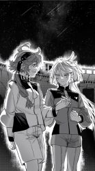 Rule 34 | 2girls, artist request, asticassia school uniform, blush, closed mouth, commentary request, commission, feet out of frame, greyscale, gundam, gundam suisei no majo, hairband, holding hands, interlocked fingers, jacket, long hair, looking at another, miorine rembran, monochrome, multiple girls, night, night sky, outdoors, pantyhose, parted lips, ponytail, school uniform, second-party source, shooting star, shorts, sky, smile, star (sky), starry sky, suletta mercury