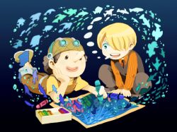 2boys black_hair blonde_hair chibi cigarette crayon drawing fish hair_over_one_eye hamadaichi male_focus multiple_boys one_piece pixiv_sample resized sanji_(one_piece) smoking usopp