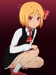 Rule 34 | 1 (kawaseha), 1girl, bare legs, blonde hair, female focus, gradient background, hair ribbon, highres, panties, panties around ankles, panties around leg, panty pull, parted lips, red eyes, ribbon, rumia, short hair, simple background, socks, solo, squatting, touhou, underwear, white socks