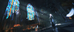 Rule 34 | 1girl, absurdres, black robe, candle, church, feathers, full body, highres, indoors, interlocked fingers, lifeline (a384079959), light particles, light rays, original, own hands clasped, own hands together, praying, red eyes, robe, scenery, solo, stained glass, standing, statue, white hair