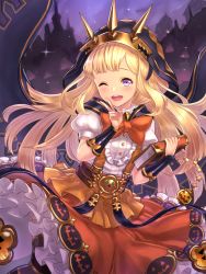 Rule 34 | 10s, 1girl, ;d, blonde hair, blush, book, bow, cagliostro (granblue fantasy), cagliostro (halloween) (granblue fantasy), cape, cloak, crown, granblue fantasy, hairband, halloween, halloween costume, highres, hood, hooded cloak, long hair, looking at viewer, one eye closed, open mouth, puffy short sleeves, puffy sleeves, purple eyes, short sleeves, skirt, smile, solo, striped clothes, striped thighhighs, thighhighs, v, yapo (croquis side)