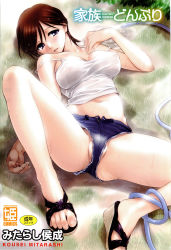 Rule 34 | 1girl, bare shoulders, blue eyes, breasts, brown hair, covered erect nipples, highres, large breasts, legs, long legs, mature female, mitarashi kousei, navel, no bra, no panties, original, parted lips, partially visible vulva, sandals, short hair, short shorts, shorts, solo, spread legs, strap slip, tank top, thighs, toes, upshorts