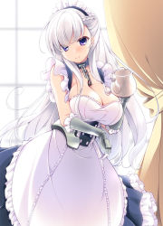 Rule 34 | 1girl, apron, arm under breasts, azur lane, belfast (azur lane), blue dress, blush, braid, breasts, broken, broken chain, buttons, center frills, chain, cleavage, closed mouth, collar, dress, feet out of frame, framed breasts, french braid, frilled apron, frilled gloves, frills, gauntlets, gloves, half updo, holding, holding teapot, large breasts, long dress, long hair, looking at viewer, maid, maid apron, maid headdress, petticoat, sakura rio, sleeveless, sleeveless dress, smile, solo, sunlight, teapot, underbust, vambraces, white apron, white hair, window