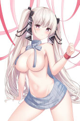 Rule 34 | 1girl, azur lane, bare shoulders, blush, breasts, formidable (azur lane), groin, hair ribbon, highres, large breasts, lin (user uzmw2535), long hair, looking at viewer, meme attire, navel, red eyes, ribbon, shirt, solo, stomach, sweater, thighs, twintails, two-tone ribbon, very long hair, virgin killer sweater