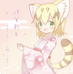 Rule 34 | 1girl, :d, absurdres, animal ear fluff, animal ears, black hair, blonde hair, blush, cat ears, cat girl, cat tail, commentary request, egasumi, floral print, green eyes, highres, japanese clothes, kemono friends, kimono, long sleeves, multicolored hair, obi, open mouth, pink kimono, print kimono, sand cat (kemono friends), sash, smile, solo, striped tail, sunanuko (ramuneko), tail, translation request, two-tone hair, wide sleeves