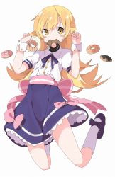 Rule 34 | 1girl, bakemonogatari, black footwear, blonde hair, blue ribbon, blue sky, blush stickers, bow, brown eyes, closed mouth, collared shirt, commentary request, doughnut, eyebrows hidden by hair, food, food in mouth, full body, hands up, highres, kneehighs, long hair, looking at viewer, monogatari (series), mouth hold, neck ribbon, oshino shinobu, pink bow, puffy short sleeves, puffy sleeves, ribbon, shirt, shoes, short sleeves, simple background, sky, smile, socks, solo, tantan men (dragon), v-shaped eyebrows, very long hair, white background, white shirt, white socks, wrist cuffs