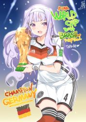 Rule 34 | 1girl, 2014 fifa world cup, adidas, benedikt howedes, blush, breasts, dated, german flag, germany, hairband, highres, idolmaster, idolmaster (classic), inoue sora, jersey, large breasts, long hair, looking at viewer, open mouth, purple eyes, shijou takane, shorts, signature, silver hair, smile, soccer, soccer uniform, solo, sportswear, thighhighs, trophy, world cup