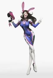 Rule 34 | 1girl, animal ears, animal print, blue eyes, bodysuit, breasts, brown hair, covered navel, crossed legs, d.va (overwatch), facepaint, facial mark, fake animal ears, fang, finger on trigger, full body, gradient background, grey background, gun, headset, heart, highres, holding, holding gun, holding weapon, ji kwon jung, charm (object), large breasts, long hair, meka (overwatch), nose, one eye closed, open mouth, overwatch, overwatch 1, parted bangs, parted lips, rabbit ears, rabbit print, solo, standing, teeth, thigh gap, v, weapon, weapon request, whisker markings