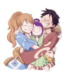 Rule 34 | 1boy, 2girls, blush, closed eyes, closed mouth, facial scar, hair bun, hair ornament, hair stick, hat, hat removed, headwear removed, high ponytail, hug, japanese clothes, jjartaveces, long hair, monkey d. luffy, multiple girls, nami (one piece), one piece, orange hair, ponytail, purple hair, scar, scar on cheek, scar on face, short hair, simple background, single hair bun, smile, spanish commentary, straw hat, tama (one piece), teeth, traditional clothes, white background