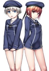 Rule 34 | 10s, 2girls, blue eyes, blush, breasts, brown eyes, brown hair, dress, dress tug, h kasei, hat, kantai collection, looking at viewer, multiple girls, open mouth, sailor collar, sailor dress, sailor hat, short hair, silver hair, small breasts, smile, z1 leberecht maass (kancolle), z3 max schultz (kancolle)