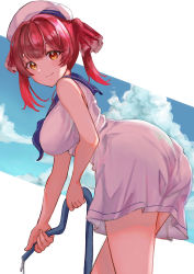 Rule 34 | 1girl, absurdres, ass, bare shoulders, blue sky, breasts, closed mouth, cloud, commentary request, cowboy shot, dress, hair ribbon, hat, heterochromia, highres, holding, holding hose, hololive, hose, houshou marine, large breasts, leaning forward, long hair, looking at viewer, looking to the side, neckerchief, outside border, red eyes, red hair, red ribbon, ribbon, sailor collar, sailor dress, sailor hat, sky, sleeveless, sleeveless dress, smile, solo, tetora teapot, twintails, virtual youtuber, white dress, white hat, yellow eyes