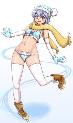 Rule 34 | 1girl, bikini, blue eyes, blue hair, breasts, cameltoe, elbow gloves, gloves, hat, ice skates, matching hair/eyes, original, orizen, scarf, skates, skating, small breasts, smile, solo, swimsuit, thighhighs, yellow scarf