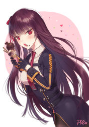 Rule 34 | 1girl, ass, black gloves, black pantyhose, black skirt, blazer, blunt bangs, blush, breasts, brown hair, collared shirt, cream, cream on face, double scoop, food, food on face, framed breasts, from side, girls&#039; frontline, gloves, hair ribbon, half updo, heart, highres, holding, holding food, ice cream, ice cream cone, jacket, large breasts, long hair, looking at viewer, necktie, one side up, open mouth, pantyhose, prrr, purple hair, red eyes, red necktie, red ribbon, ribbon, shirt, sidelocks, signature, simple background, skirt, solo, strap, striped clothes, striped shirt, tsurime, very long hair, wa2000 (girls&#039; frontline), white background