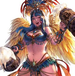 Rule 34 | 1girl, ;), alcohol, armlet, armor, artsunisiju, backlighting, beer, beer mug, bikini armor, blue eyes, blue hair, blunt bangs, body freckles, breasts, carnival, commentary, commission, cup, english commentary, facial mark, feathers, freckles, headdress, highres, jewelry, large breasts, lips, long hair, midriff, monster hunter, monster hunter: world, monster hunter (series), mug, navel, neck ring, one eye closed, open mouth, passion layered armor (mhw), smile, solo, teeth, upper body, upper teeth only, whisker markings