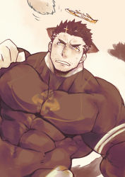 Rule 34 | 1boy, animal ears, bad id, bad pixiv id, bara, black bodysuit, black hair, blush, bodysuit, brown theme, cat boy, cat ears, cat tail, cat teaser, covered abs, covered navel, dutch angle, facial hair, favoritelance28, frown, halo, kemonomimi mode, large pectorals, looking at viewer, male focus, mature male, monochrome, muscular, muscular male, pectorals, po fu, short hair, solo, stubble, tail, tokyo houkago summoners, zabaniyya (housamo)