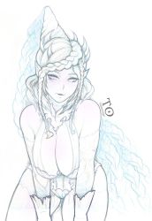 Rule 34 | 10s, 1girl, artist name, breasts, cleavage, final fantasy, final fantasy xv, highres, large breasts, leaning forward, lineart, looking at viewer, monochrome, pointy ears, shiva (final fantasy), sketch, smile, solo, tabletorgy