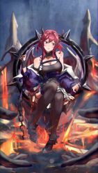 Rule 34 | 1girl, arknights, black dress, black footwear, black gloves, black thighhighs, blue jacket, blurry, blush, bokeh, boots, breasts, chain, cleavage, commentary, demon horns, depth of field, detached collar, dress, fingerless gloves, fire, floating, floating object, full body, gloves, hair intakes, high heel boots, high heels, highres, horns, id card, infection monitor (arknights), jacket, jewelry, looking away, looking to the side, medium breasts, medium hair, menomeno draw, off shoulder, open clothes, open jacket, red eyes, red hair, ring, single glove, sitting, sleeveless, sleeveless dress, solo, spikes, surtr (arknights), thighhighs, v-shaped eyebrows, wing collar