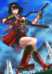 Rule 34 | armor, black hair, blue eyes, boots, gun, headband, original, samurai, shirorin (ballet girl&#039;s), shorts, solo, thighs, weapon