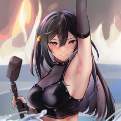 Rule 34 | 1girl, arm up, armpits, black eyes, black gloves, black hair, breasts, cleavage, commentary request, dive! (love live!), fingerless gloves, fire, gloves, hair ornament, holding, holding microphone stand, large breasts, long hair, looking at viewer, love live!, love live! nijigasaki high school idol club, mated, microphone stand, one side up, partial commentary, see-through, sideboob, sidelocks, smile, solo, tank top, upper body, water, yuki setsuna (love live!)