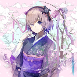 Rule 34 | 1girl, adapted object, alternate costume, blush, bracelet, closed mouth, cloud, colored eyelashes, commentary request, fate/grand order, fate (series), floral print, hair ornament, hair over one eye, hairband, japanese clothes, jewelry, kimono, kleinlight, light blush, long sleeves, looking at viewer, mash kyrielight, obi, pink hair, plant, print kimono, purple eyes, purple hairband, purple kimono, saint quartz (fate), sash, shield, short hair, smile, solo, upper body, wide sleeves