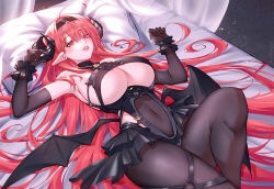 Rule 34 | 1girl, ahoge, armpits, azur lane, black dress, black gloves, black hairband, black pantyhose, black wings, breasts, clothing cutout, covered navel, crop top, curled horns, demon wings, dress, elbow gloves, frilled wristband, gloves, hair between eyes, hairband, hands up, hindenburg (azur lane), horns, huge breasts, kisa2kb, lips, long hair, looking at viewer, lying, on back, on bed, pantyhose, parted lips, pillow, pleated dress, pointy ears, red eyes, red hair, solo, underboob, underboob cutout, very long hair, wings