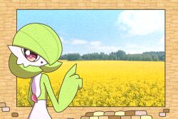 Rule 34 | 1girl, blue sky, bob cut, brick wall, cloud, colored skin, creatures (company), female focus, field, flower, flower field, from behind, game freak, gardevoir, gen 3 pokemon, green hair, green skin, hair over one eye, hand up, happy, highres, index finger raised, indoors, looking at viewer, looking back, multicolored skin, nintendo, one eye covered, open mouth, photo (object), pokemon, pokemon (creature), red eyes, short hair, sky, smile, solo, standing, tree, two-tone skin, upper body, white skin, yuri (fl0werspace)