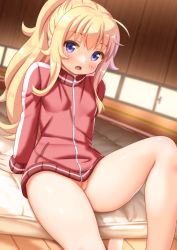 Rule 34 | 1girl, angel, blonde hair, blue eyes, blush, bottomless, breasts, cedar (cedar japonica), censored, cleft of venus, female focus, gabriel dropout, gabriel tenma white, jacket, light, long hair, looking at viewer, mosaic censoring, naked jacket, open mouth, ponytail, pussy, pussy peek, sitting, small breasts, solo, thighhighs, track jacket