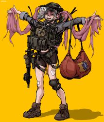 1girl absurdres ammunition_pouch assault_rifle bag bandages bike_shorts black_eyes blue_sleeves body_armor brown_footwear bullet_hole bulletproof_vest chest_rig collared_shirt combat_helmet combat_medic crack cracked_glass dual_ptt duffel_bag ear_protection empty_eyes eotech epakim face_shield fangs fangs_out foregrip gun gun_sling hair_between_eyes helmet highres holster knee_pads laser_sight laughing load_bearing_vest long_hair long_sleeves looking_at_viewer low_twintails m4_carbine magazine_(weapon) muzzle_device open_mouth optical_sight original outstretched_arms pink_hair pouch rifle rod_of_asclepius shirt shoelaces shoes single_knee_pad sleeves_rolled_up sneakers spread_arms squeeze_bottle standing star_of_life thigh_holster twintails variant_set vertical_foregrip very_long_hair walkie-talkie watch weapon wristwatch yellow_background