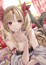 Rule 34 | 1girl, akatsuki hijiri, blonde hair, breasts, cleavage, cross, cross necklace, curtains, day, earrings, ereshkigal (fate), fate/grand order, fate (series), gold earrings, hair ribbon, highres, jewelry, long hair, looking at viewer, lying, medium breasts, necklace, on stomach, orange nails, parted lips, red eyes, red ribbon, ribbon, solo, strap slip, sunlight, two side up, very long hair, wavy hair, window