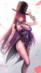 Rule 34 | 1girl, adapted costume, adapted object, amane ruri, arm up, bare arms, bare shoulders, black hat, bow, bowtie, breasts, chromatic aberration, cleavage, coattails, commentary request, commission, confetti, detached collar, fate/grand order, fate (series), feet out of frame, gae bolg (fate), garter straps, gradient background, grey background, hair between eyes, hand on headwear, hat, highleg, highleg leotard, highres, holding, large breasts, leotard, long hair, looking at viewer, official alternate costume, parted lips, pink thighhighs, playboy bunny, purple bow, purple bowtie, purple hair, purple leotard, red eyes, scathach (fate), scathach (piercing bunny) (fate), sidelocks, skeb commission, solo, standing, strapless, strapless leotard, thighhighs, top hat, very long hair, white background, wrist cuffs