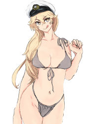 Rule 34 | 1girl, bikini, blonde hair, blue eyes, breasts, commentary request, front-tie bikini top, front-tie top, grey bikini, hat, highres, iowa (kancolle), kantai collection, large breasts, one-hour drawing challenge, peaked cap, solo, star-shaped pupils, star (symbol), swimsuit, symbol-shaped pupils, tongue, tongue out, wateryakisoba, white hat