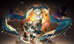 Rule 34 | 1girl, absurdly long hair, absurdres, aqua eyes, aqua hair, bare shoulders, black background, black skirt, black sleeves, black thighhighs, commentary, detached sleeves, feet out of frame, floating hair, flower, flower request, glowing, grey shirt, grin, hair ornament, hatsune miku, headphones, headset, highres, kazenemuri, lily (flower), long hair, looking at viewer, miniskirt, necktie, outstretched hand, pink flower, pleated skirt, red flower, shirt, shoulder tattoo, skirt, sleeveless, sleeveless shirt, smile, solo, standing, star (symbol), sunflower, tattoo, thighhighs, twintails, very long hair, vocaloid, white flower, yellow flower, zettai ryouiki