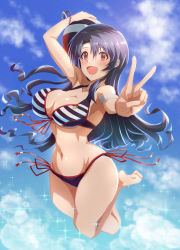 Rule 34 | 1girl, ball, barefoot, bikini, black hair, breasts, cloud, cloudy sky, full body, highres, idolmaster, idolmaster million live!, idolmaster million live! theater days, jewelry, kakiken, large breasts, long hair, looking at viewer, navel, necklace, open mouth, red eyes, sky, smile, solo, sparkle, striped bikini, striped clothes, swimsuit, takayama sayoko, v, volleyball, volleyball (object)