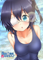 Rule 34 | 10s, 1girl, :&lt;, absurdres, ahoge, arms behind back, bare shoulders, black hair, blue eyes, blue one-piece swimsuit, breasts, chuunibyou demo koi ga shitai!, cleavage, collarbone, commentary request, competition swimsuit, derivative work, eyepatch, hair between eyes, head tilt, highres, looking at viewer, medium breasts, ocean, one-piece swimsuit, oooqqq, parted lips, school swimsuit, solo, swimsuit, takanashi rikka, triangle mouth, upper body