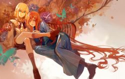 Rule 34 | 2girls, bench, blonde hair, blue dress, blue eyes, boots, branch, brown footwear, brown hair, brown shorts, bug, butterfly, chinese commentary, commentary request, crossed legs, dress, flower, fors wall, green eyes, hair ornament, highres, insect, long hair, looking at viewer, lord of the mysteries, multiple girls, mushengli, parted lips, shirt, short hair, shorts, smile, socks, teeth, tongue, tree, xio derecha
