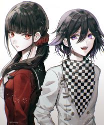 Rule 34 | 1boy, 1girl, artist name, black hair, checkered clothes, checkered scarf, commentary request, danganronpa (series), danganronpa v3: killing harmony, from side, gradient background, hair between eyes, hair ornament, hair scrunchie, harukawa maki, jacket, long hair, looking at viewer, low twintails, mole, mole under eye, oma kokichi, purple eyes, purple hair, red eyes, red scrunchie, red shirt, sakuyu, scarf, scrunchie, shirt, teeth, twintails, twitter username, upper body, upper teeth only, white background, white jacket
